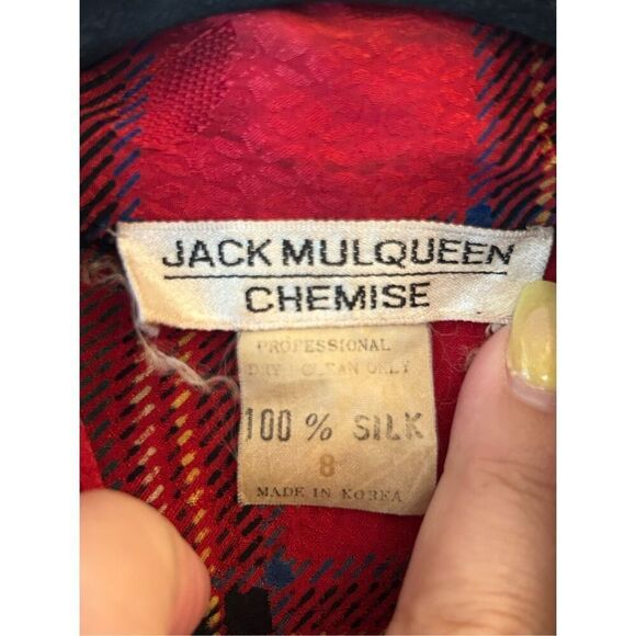 Vintage 80s Jack Mulqueen 100% Silk Tartan PussyBow Blouse Sz 8 – Red Holiday Pl - Picture 3 of 7